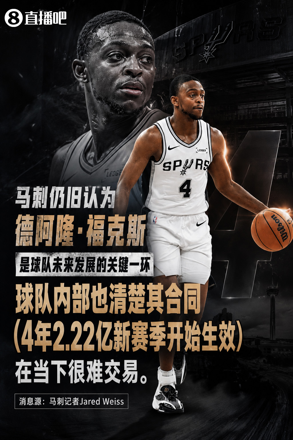 马刺内部仍视福克斯为未来核心 四年2.22亿合同成交易障碍 马刺内部仍视福克斯为未来核心 四年2.22亿合同成交易障碍