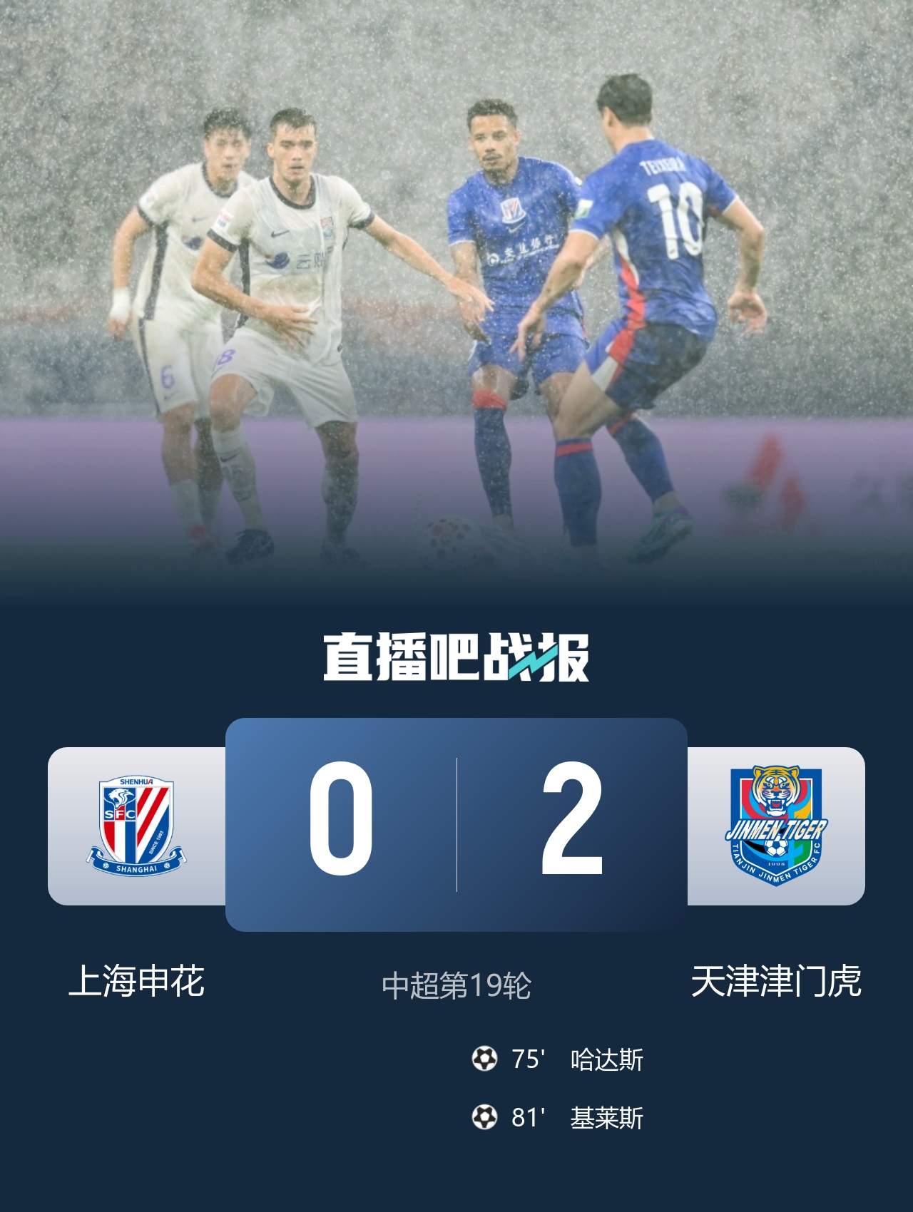 暴雨中断60分钟，津门虎2-0斩申花，哈达斯传射基莱斯破门