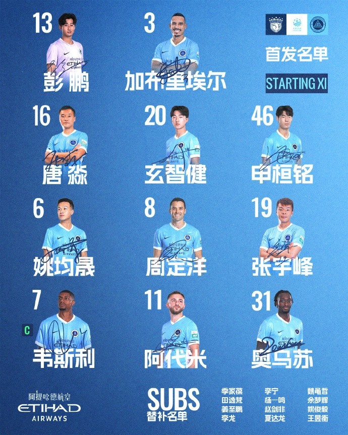 深圳新鹏城客战海港首发:韦斯利队长,加布里埃尔+姚均晟出战