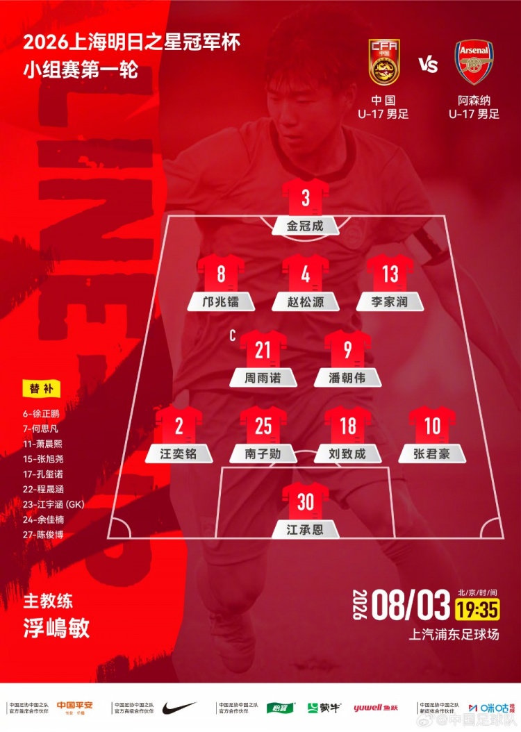 中国U17明日之星冠军杯首战阿森纳 首发名单正式公布